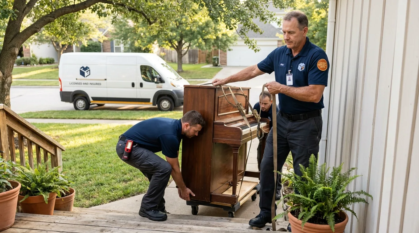 Licensed piano movers securing grand piano in Clearwater, MN