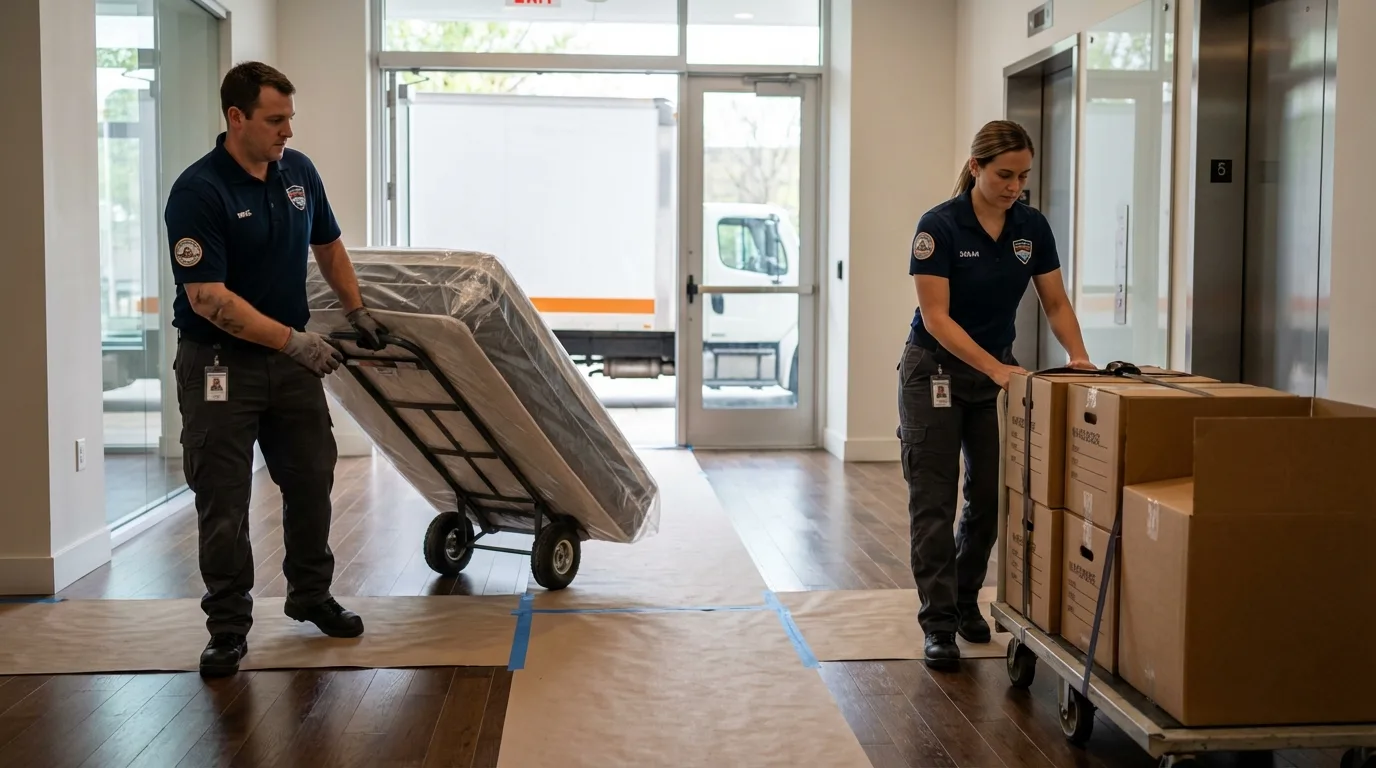 Professional apartment movers loading elevator in Clearwater, MN
